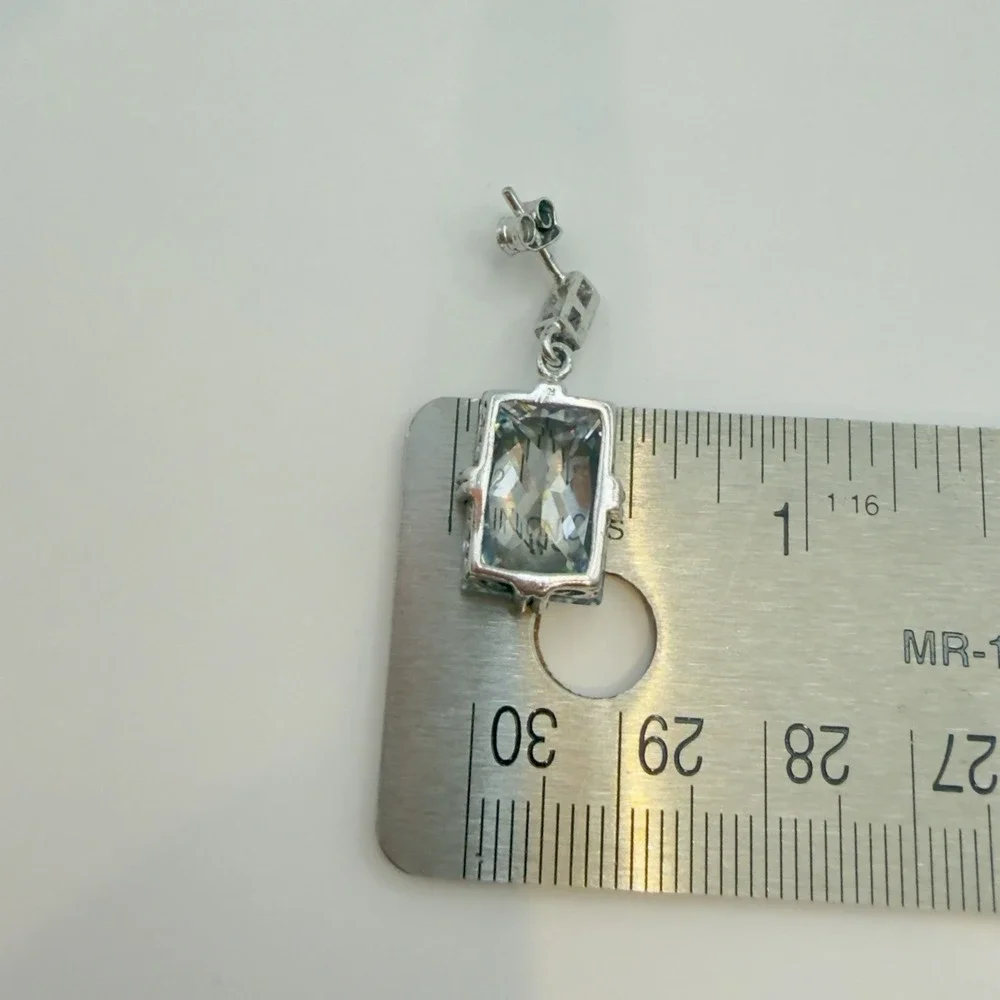 Vtg 925 STERLING SILVER Pierced Dangle Statement Earrings Rectangle CZ Signed N